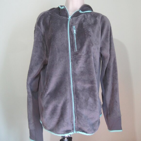 SO Faux Fur Gray/Green Trim Metro Zip Up Jacket With Sherpa Hood Size X-Large - Picture 1 of 9